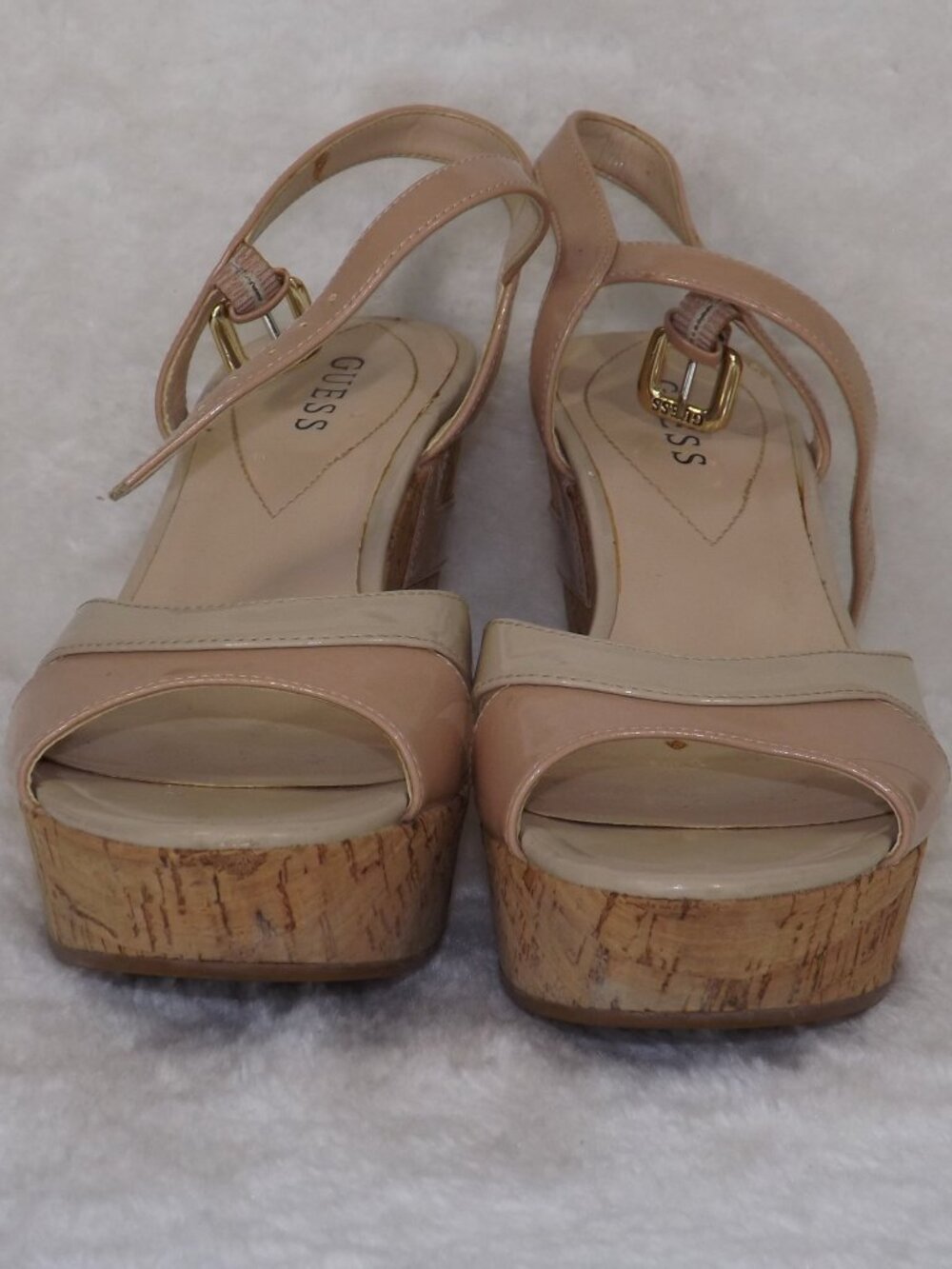 GUESS beige off-white size 8 ankle strap platform CORK WEDGES shoes.